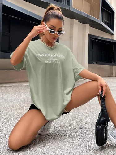 Vista 3 de COZYEASE Camiseta casual de manga corta con cuello redondo y estampado de letras para mujer