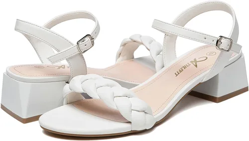 Vista 3 de Athlefit Sandalias trenzadas de tacón bajo para mujer, puntera abierta, correa en el tobillo, tacón grueso, zapatos de tacón grueso para vestir