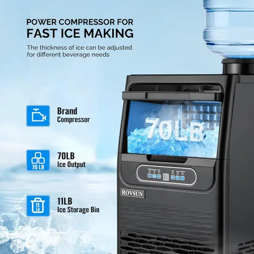 Vista 3 de ROVSUN - Máquina para hacer hielo de 70 libras/24 horas para encimera con 2 entradas de agua y función de programación, máquina independiente