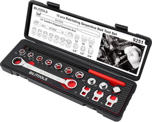 Vista 8 de BILITOOLS Juego de herramientas de cinturón serpentino universal de 15 piezas, kit de herramientas tensor de cinturón con llave de trinquete, llaves