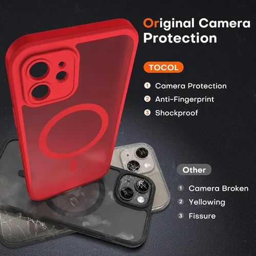 Vista 845 de TOCOL Funda magnética 3 en 1 para iPhone 15 Pro, mejorada [protección completa de cámara] con 2 protectores de pantalla, compatible con MagSafe Gris