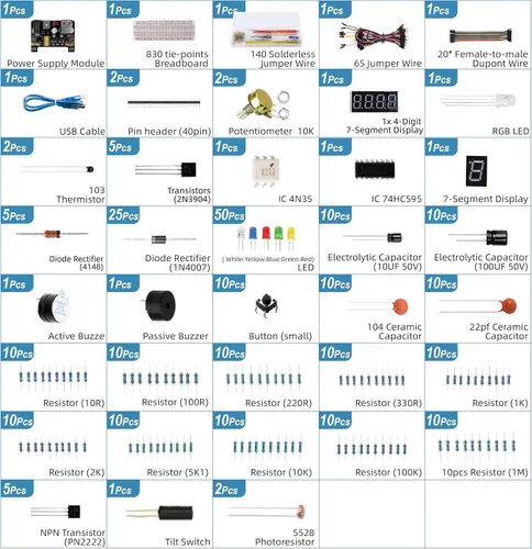 Vista 5 de Miuzei Kit de componentes electrónicos con módulo de suministro, cable de puente, placa de 830 puntos de conexión, potenciómetro de precisión