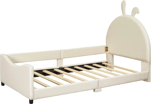 Vista 5 de Elegante sofá cama tapizado de tamaño individual con cabecera en forma de oreja de conejo, para niños pequeños y niñas