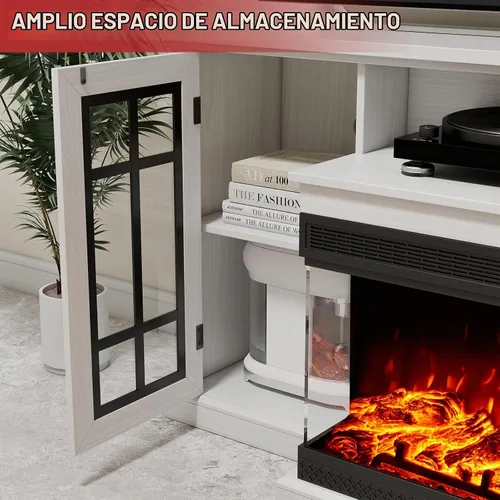 Vista 5 de LUXOAK Soporte de TV con chimenea de 75 pulgadas con chimenea eléctrica de Blanco envejecido