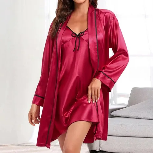 Vista 3 de youeneom - Conjunto de pijama de satén de dos piezas con botones de seda para mujer conjunto de pijama