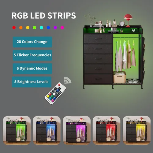 Vista 5 de LUMTOK - Cómoda con estante para colgar, 5 cajones de tela y bolsillo lateral para dormitorio 2 in 1 Black 5 Drawers Dresser with LED&Charging