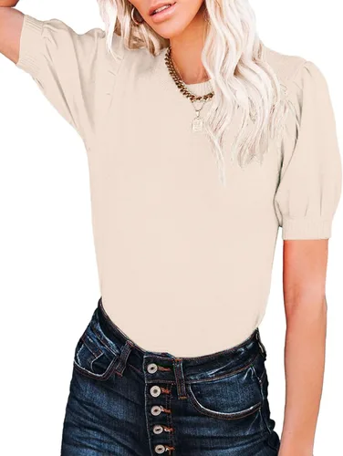 Vista 5 de Foonid Suéter de manga corta abombada para mujer, cuello redondo, ligero, de punto, básico, color liso, blusa