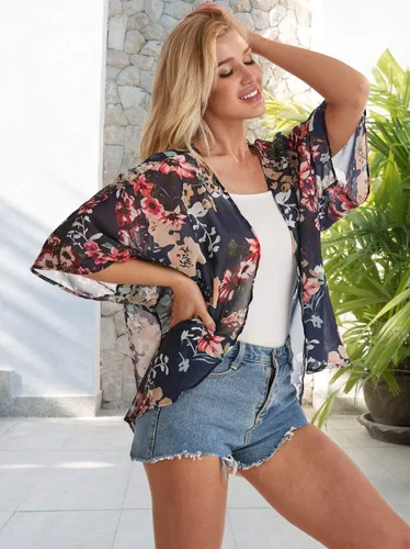 Vista 7 de Cárdigan tipo kimono para mujer, de manga abombada con estampado floral, casual