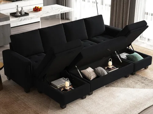Vista 4 de Belffin Sofá cama modular convertible de terciopelo de 4 asientos con diván reversible, sofá cama seccional con almacenamiento otomano seccional
