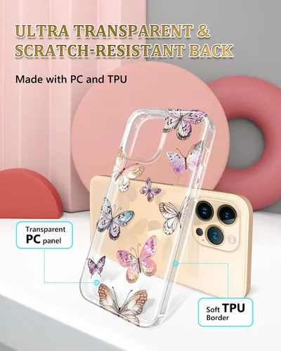 Vista 3 de Funda transparente compatible con iPhone 14 Pro chapado en oro, diseño de mariposa, a prueba de golpes, delgada, de poliuretano termoplástico