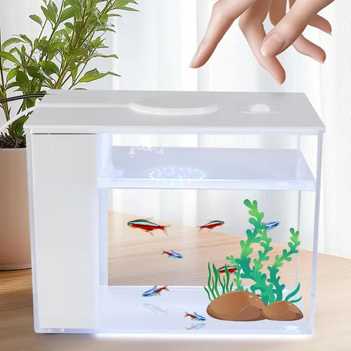 Vista 5 de Mini pecera Betta Aquarium Starter Kits Multifuncional Escritorio con botón de interruptor LED Kit de acuario blanco, 1 galón (negro)