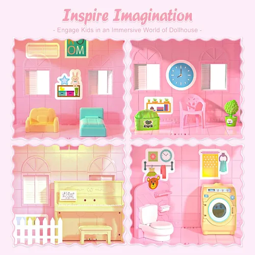 Vista 6 de Juego de casa de muñecas de ensueño para niñas, casa de muñecas de princesa con 4 pisos, 10 áreas, 2 muñecas, luces, mascotas, muebles y accesorios