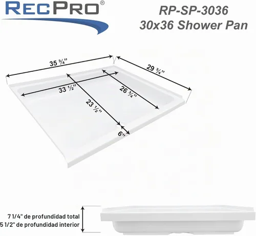 Vista 5 de RecPro Plato de ducha para RV 30" x 36" Drenaje central delantero de 2" Base de espuma Antideslizante Plástico ABS Fabricado
