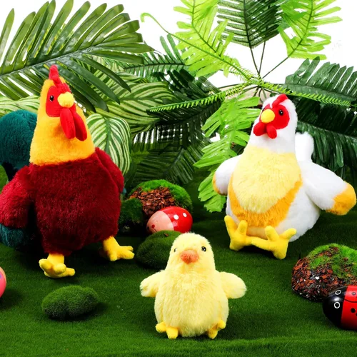 Vista 4 de Skylety Juego de 3 juguetes de peluche de pollo, juguete de peluche de pollo, juguete de peluche de gallo para granja, baby shower, fiesta