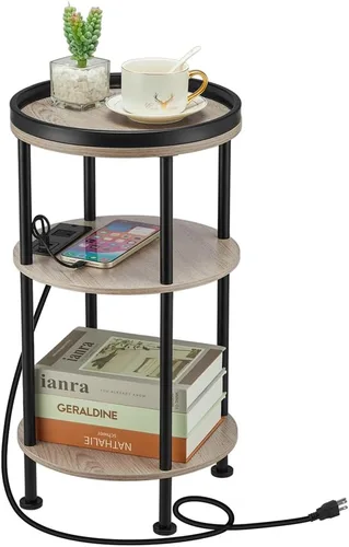 Vista 15 de Mesa auxiliar redonda pequeña con estación de carga para espacios pequeños, mesa decorativa de 3 niveles con puertos USB y tomas de corriente, mesa