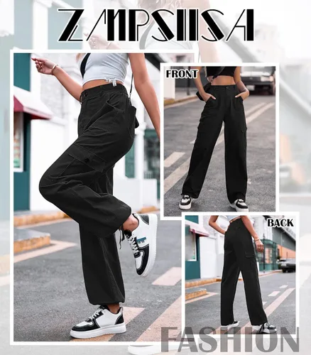 Vista 4 de Zmpsiisa Pantalones cargo de cintura alta, para mujer, pantalones informales de pierna ancha, 6 bolsillos, pantalones militares de combate