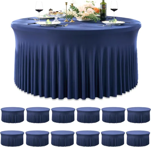 Vista 25 de Paquete de 6 manteles redondos de elastano azul bebé para mesa de 60 pulgadas, manteles elásticos de 120 pulgadas ajustables de 5 pies, manteles