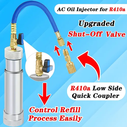 Vista 5 de Inyector de aceite de CA para R1234yf R134a R410a, Inyector de tinte de CA con válvula de cierre, Inyector de tinte 1234yf con función de prevención