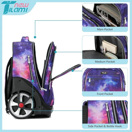 Vista 74 de NEW TILAMI Mochila con ruedas de 19 pulgadas con bolsa de almuerzo para niñas y niños, mochila para laptop con ruedas, bolsa de mano duradera