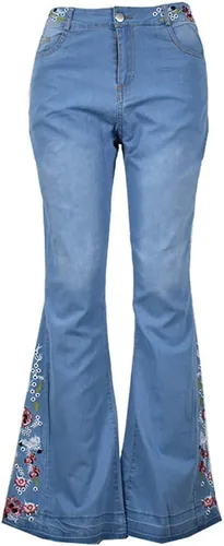 Vista 6 de Jeans acampanados con bordado floral para mujer, jeans elásticos acampanados, talla grande, pantalones de mezclilla de pierna ancha Y2k