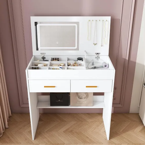 Vista 10 de Runboll Escritorio pequeño con espejo y luces, juego de mesa de tocador de maquillaje con toma de corriente, almacenamiento de cajones, taburete