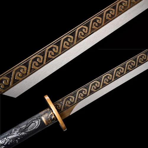 Vista 6 de Espada ancha de dragón dorado, espada china de acero al manganeso afilado, Tang Heng Dao, hoja de espiga completa, espada samurai, katana, arma