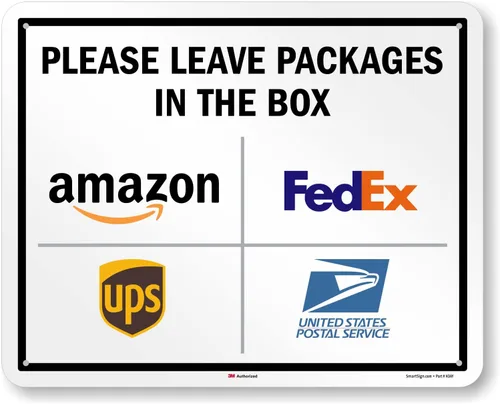 Vista 18 de SmartSign 7 x 10 pulgadas "Por favor, deje los paquetes en la caja - Amazon, FedEx, UPS, USPS" Letrero de instrucciones de entrega de metal