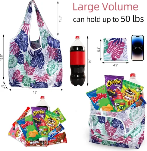 Vista 4 de Paquete de 6 bolsas de comestibles reutilizables resistentes con asas, bolsas de compras reutilizables para mujeres, plegables, lavables