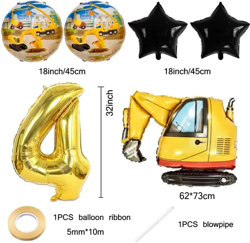 Vista 3 de Globos de construcción para fiesta de 4º cumpleaños, globos de construcción para decoración de 4º cumpleaños, globo de aluminio de excavadora Oro 4