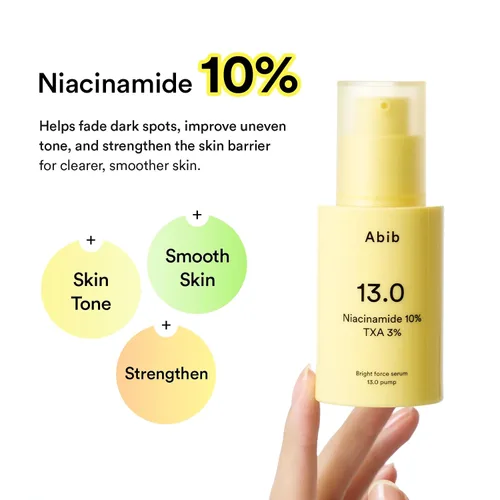 Vista 4 de Abib Bright Force Serum 13.0 Pump, 10% niacinamida + 3% TXA, 1.01 onzas líquidas, suero iluminador para tono de piel desigual, hiperpigmentación