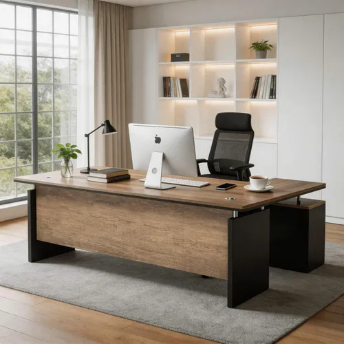 Vista 9 de Escritorio ejecutivo en forma de L de 63 pulgadas, escritorio industrial moderno de oficina de madera con cajones de bloqueo, gestión de cables