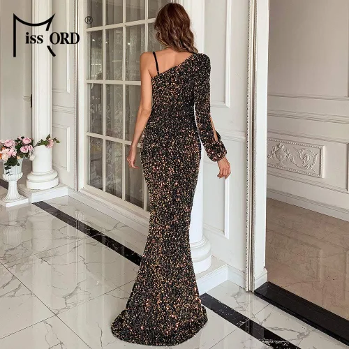 Vista 4 de Miss ord Vestido de sirena de noche con un hombro descubierto y manga dividida con lentejuelas y brillantina vestido de graduación sexy formal