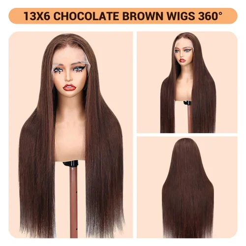 Vista 2 de SOPSFR Pelucas de cabello humano con encaje frontal de 13 x 6, densidad 200, pelucas de cabello humano lacio marrón chocolate con bebé alrededor