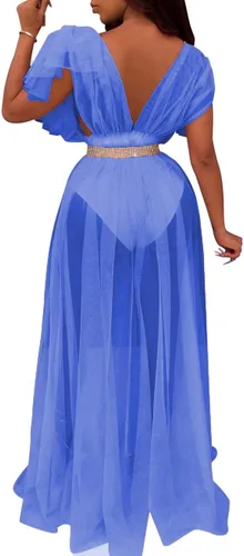 Vista 2 de Ophestin Vestido largo sin mangas con tirantes para mujer con malla transparente y volantes