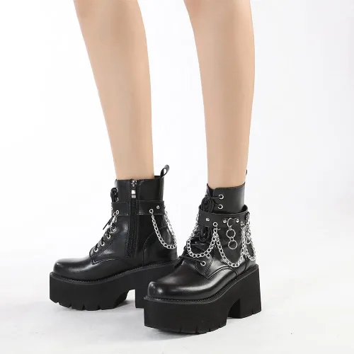 Vista 5 de mikarka Botas de plataforma de cadena para mujer, con cordones y cremallera, tacón grueso, botines de combate negros, botas de motocicleta