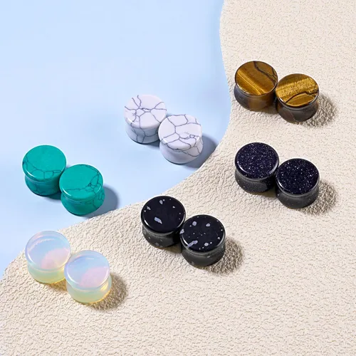 Vista 3 de Qmcandy - Juego de 6 pares / 16 pares de dilatadores para las orejas, de piedra mixta, expansores, conjunto de perforación corporal calibre 8G a 3/4