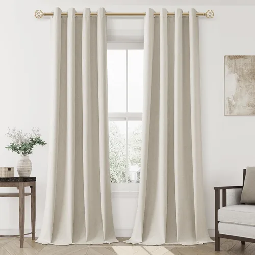 Vista 60 de Beige White Linen Blackout Curtains 90 Length 2 Panels Set for Living Room Bedroom, 100% Black Out Thermal Insulated Linen Drapes, Room Darkening