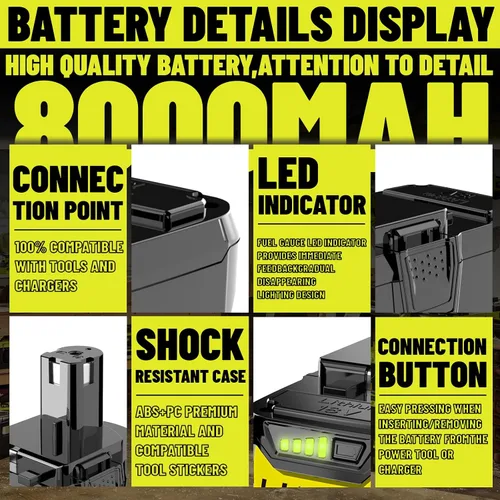 Vista 4 de Reemplazo de batería de 18 V 8000 mAh para Ryobi 18 V Batería P102 P103 P104 P105 P107 P108 P109 P190 P191 P122