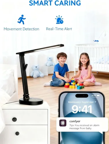 Vista 4 de Monitor de bebé inteligente WiFi con cámara, lámpara de escritorio para el cuidado de los ojos con 5 brillo, monitores de bebé 2k HD, conversación