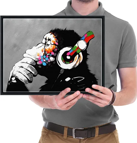 Vista 6 de Wieco Art Marco Negro Mono con Auriculares Banksy Arte de Graffiti Abstracto Pinturas en Lienzo Impresiones Arte de Pared en Lienzo de Animales