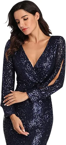 Vista 5 de Vestido de fiesta brillante con lentejuelas, corte sirena con mangas para mujer, para fiestas de graduación