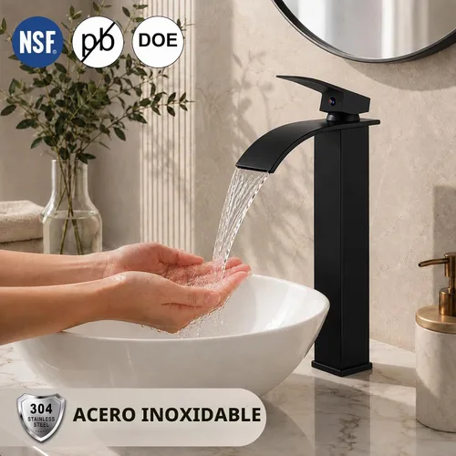 Vista 2 de Midanya Grifos altos de lavabo de cascada para lavabo, lavabo, lavabo de una sola manija, 1 agujero, moderno, con mangueras de drenaje emergentes