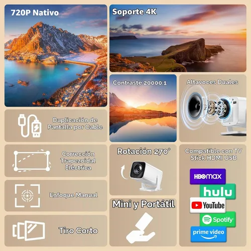 Vista 3 de Mini proyector con soporte 4K, proyector portátil de corto alcance (Luna)