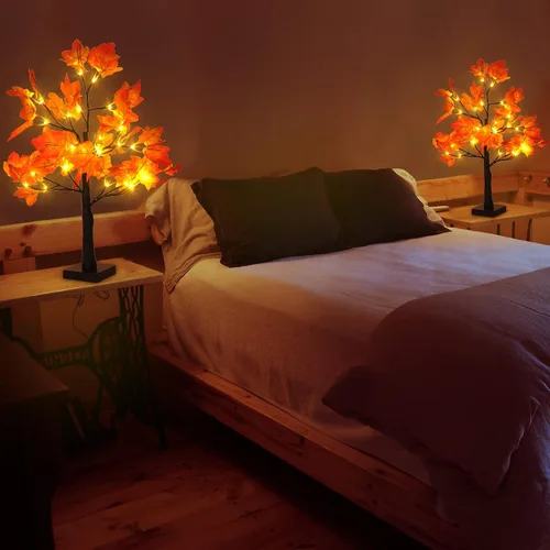 Vista 7 de Paquete de 2 árboles de arce iluminados de 20 pulgadas, 48 luces LED, árbol artificial de otoño para decoración de interiores de cosecha de Acción