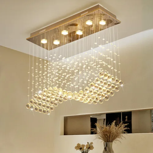 Vista 15 de Araña moderna de onda, araña rectangular de cristal con gotas de lluvia, montaje empotrado, lámpara colgante de techo cromada, ideal para comedor