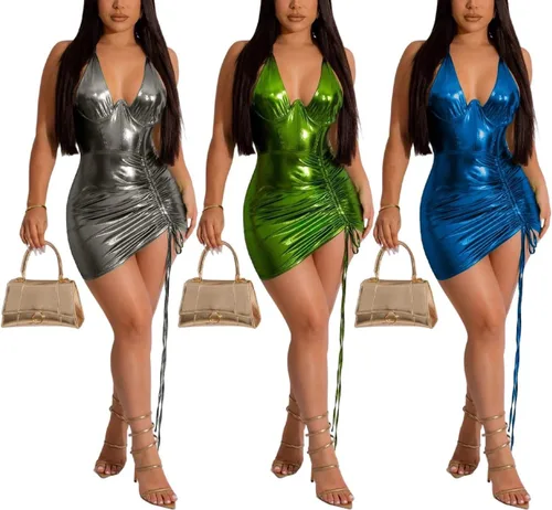 Vista 6 de Women's Sexy Sparkly Corset Dress Ruched Halter Metallic Shiny Bandage Bodycon Party Club Mini Dress