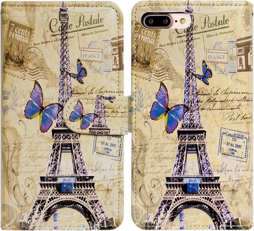 Vista 4 de Bcov Funda tipo cartera para iPhone 7 Plus/iPhone 8 Plus, Postal de la Torre Eiffel, funda multifuncional de piel con tapa y ranura para tarjeta