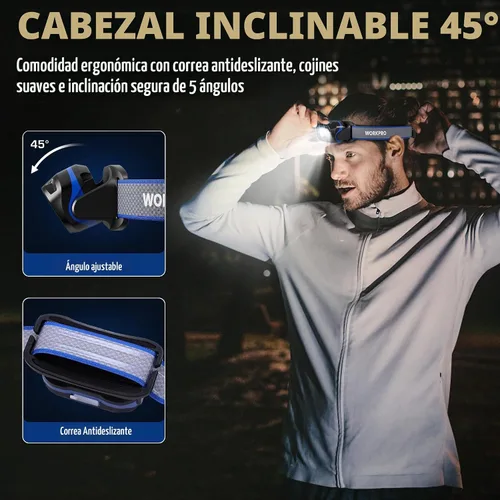 Vista 8 de WORKPRO 1200LM Linterna recargable para cabeza, súper brillante con luz blanca y roja, sensor de movimiento, función de memoria, luz frontal a
