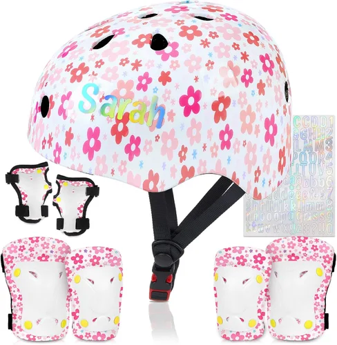Vista 17 de Casco para niños, casco de bicicleta para niños pequeños con pegatinas DIY Unicornio, rodilleras y coderas ajustables, juego de protección para Rosa
