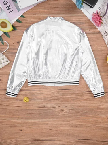Vista 7 de YiZYiF Conjunto de ropa de baile para niños y niñas, disfraz de hip hop, jazz, chaqueta bomber metálica brillante con pantalones de cintura alta